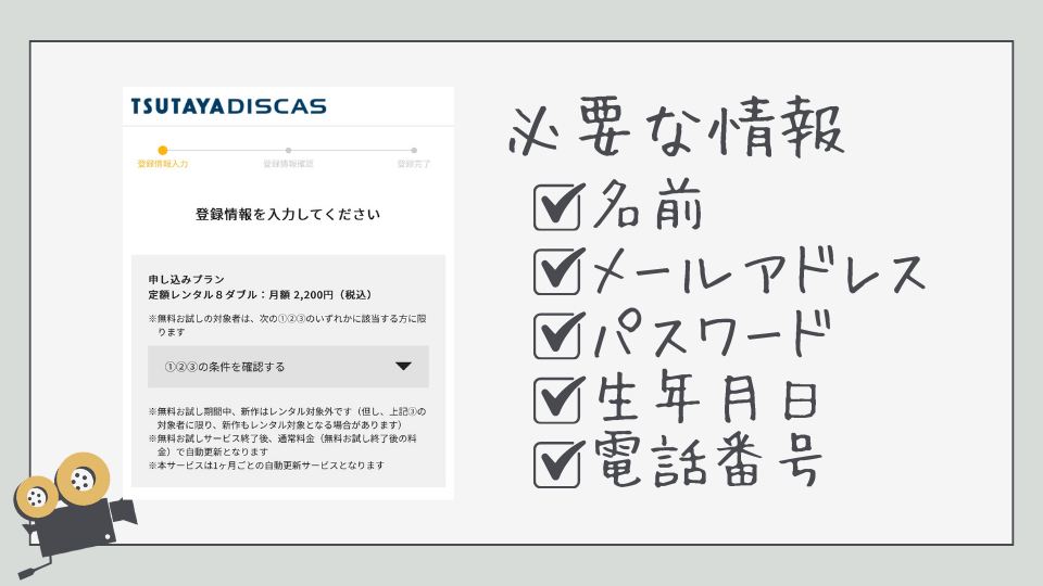 TUTAYADISCAS　ツタヤディスカス　30日間無料でお試し　登録方法　必要な情報